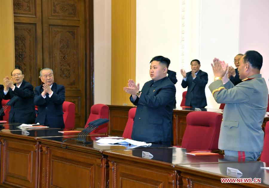 Photo released by Korean Central News Agency (KCNA) shows Kim Jong Un (2nd R, Front) of the Democratic People's Republic of Korea (DPRK) attends the Fourth Conference of the Workers' Party of Korea (WPK) in Pyongyang, DPRK, on April 11, 2012. Kim Jong Un was elected as first secretary of the WPK at the conference here Wednesday, official news agency KCNA reported. (Xinhua/KCNA) 