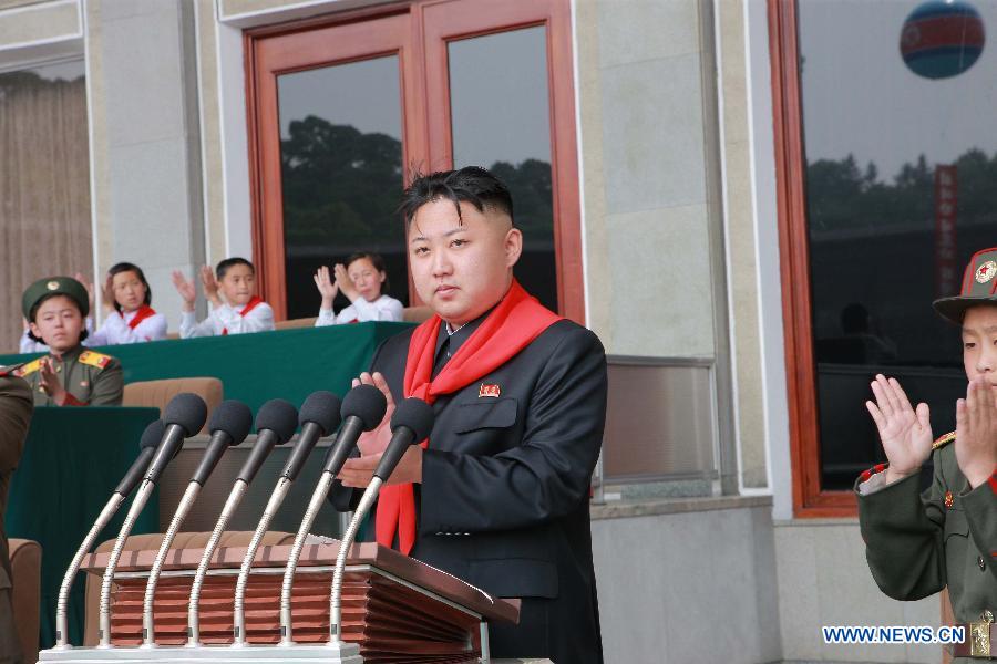 Photo released by Korean Central News Agency (KCNA) on June 6, 2012 shows Kim Jong Un, top leader of the Democratic People's Republic of Korea (DPRK), attending a national event to celebrate the 66th anniversary of the founding of the Korean Children's Union at the Kim Il Sung Stadium in Pyongyang, the DPRK.(Xinhua/KCNA) 