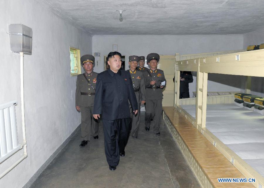 Photo provided by the Central News Agency (KCNA) of the Democratic People's Republic of Korea (DPRK) on Aug. 28, 2012 shows DPRK top leader Kim Jong Un (2nd L) inspecting the command of the Korean People's Army (KPA) large combined unit 313 and a unit under it, which stand guard over the eastern sector of the front. (Xinhua/KCNA) 