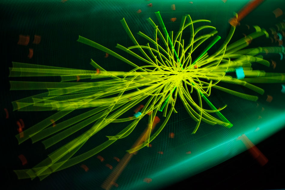 The photo released on Dec. 13, 2012, reveals the movement curve of new particles after the old ones clash. Scientists from CERN discovered a new type of particle by accident in their experiment on July 4. The discovery of the particle coincides with an English professor’s prediction in the 1960s which says it is the source of quality. (Xinhua/AP)  