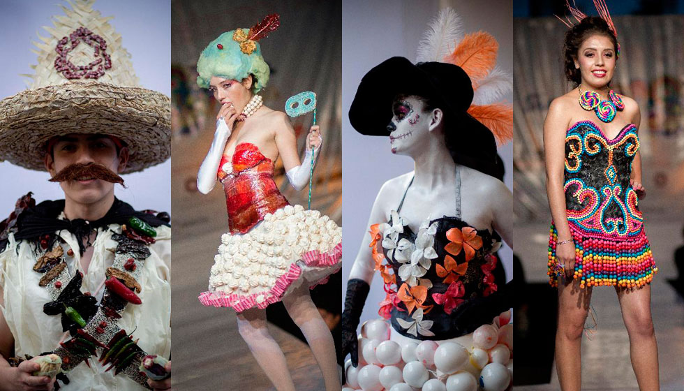 Models participate in the 7th Gastronomic Parade at the Claustro de Sor Juana University, in Mexico City, capital of Mexico, on Oct. 5, 2012. Some 50 dresses and suits made of edibles such as sweets, grain, fruit and vegetable were presented during the parade. (Xinhua/Pedro Mera)