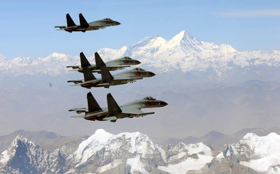 China's J-11 fighters fly over Mt. Qomolangma 