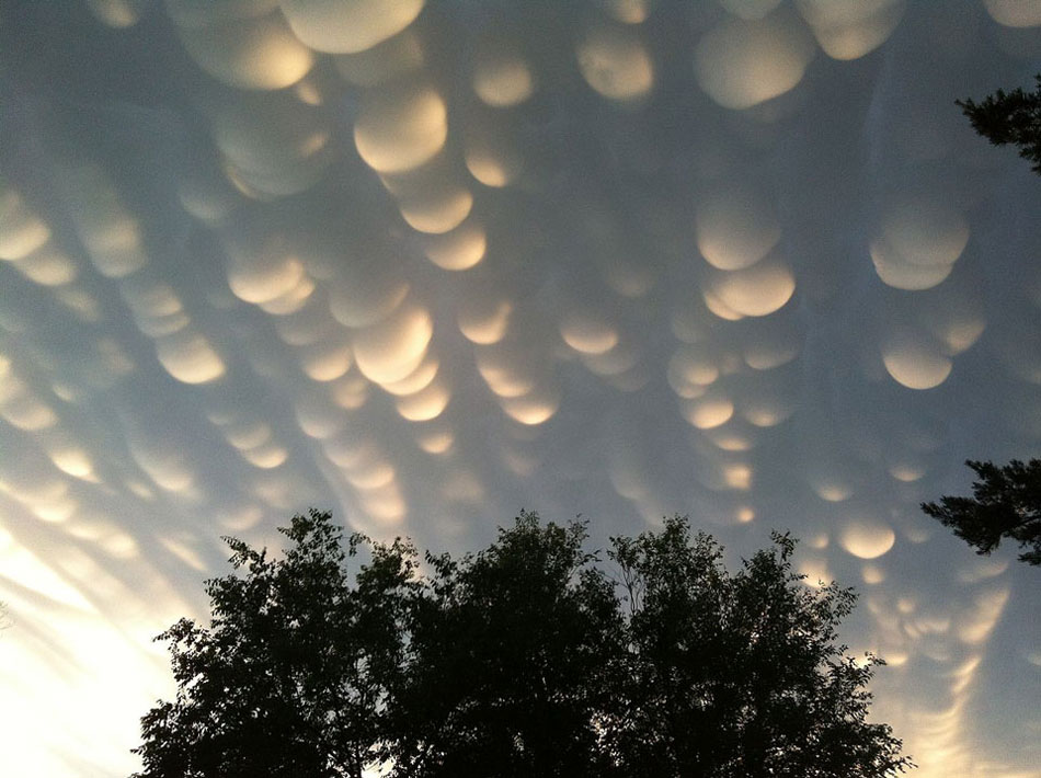 Mammatus Clouds Over Saskatchewan. Normal cloud bottoms are flat. This is because moist warm air that rises and cools will condense into water droplets at a specific temperature, which usually corresponds to a very specific height. As water droplets grow, an opaque cloud forms. (Photo/ NASA) 