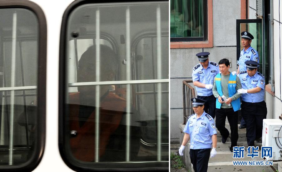Left: Xie Yalong is transferred to the court before his trial in Dandong city, Liaoning province, April 24, 2012.Right: Nan Yong is taken out of the court by police in Tieling city, Liaoning province, on June 13, 2012.  (Xinhua)