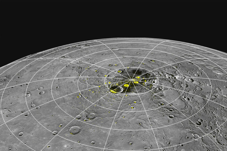 Northern Mercury. Innermost planet Mercury would probably not be a good location for an interplanetary winter olympics. But new results based on data from the Mercury orbiting MESSENGER spacecraft indicate that it does have substantial water ice in permanently shadowed regions within craters near its north pole. (Photo/ NASA)