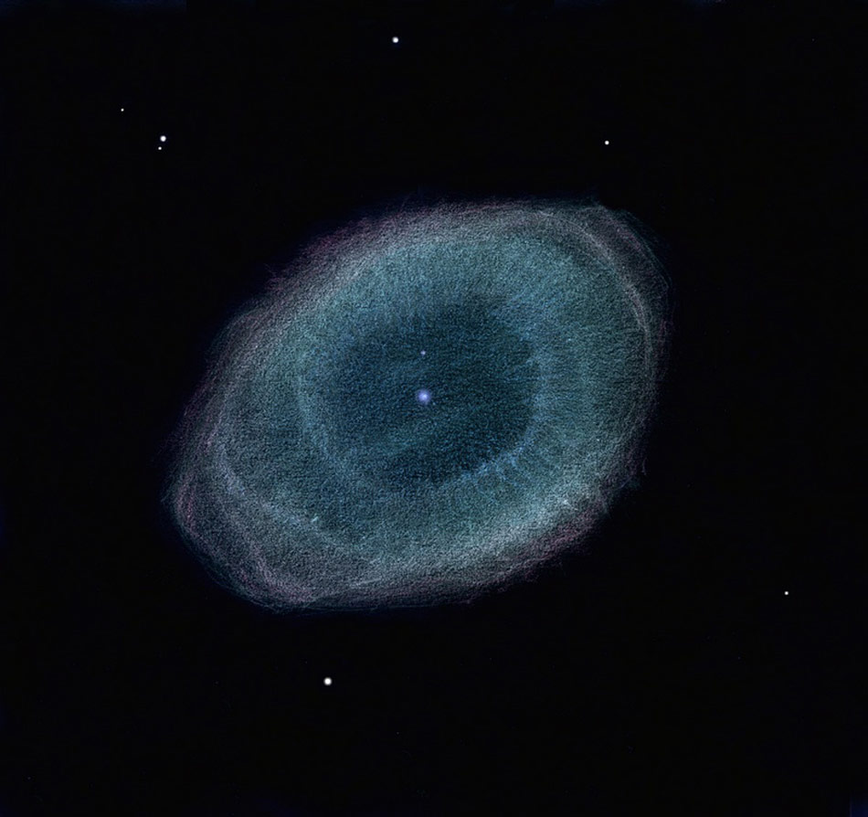 Ring Nebula Drawn.A planetary nebula with a simple symmetry familiar to telescopic sky gazers, the Ring Nebula (M57) is some 2,000 light-years away in the musical constellation Lyra. (NASA/ FrédéricBurgeot)