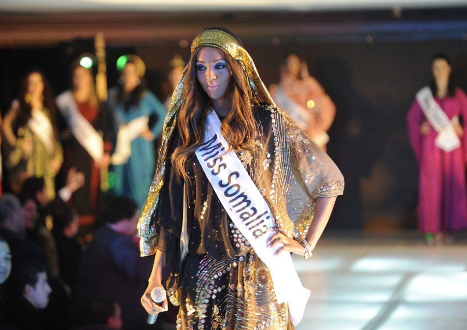 Miss Somalia presents at the 16th Arab world beauty pageant. The competition was held by the Egyptian tourism department in Cairo, Egypt on Dec. 24, 2012. The final winners are from Syria, Egypt and Tunis. (Xinhua/Yi Ke) 