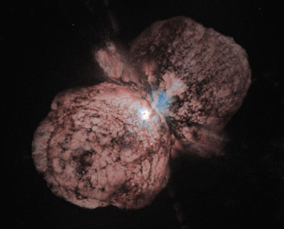 Doomed Star Eta Carinae. Eta Carinae may be about to explode. But no one knows when - it may be next year, it may be one million years from now. Eta Carinae's mass - about 100 times greater than our Sun - makes it an excellent candidate for a full blown supernova. (Photo/ NASA)