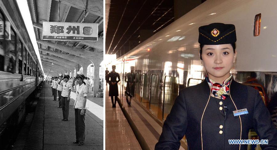 This combined photo taken in Zhengzhou, central China's Henan Province, shows train conductors respectively pictured in June 1988 (L) and on Dec. 22, 2012. 