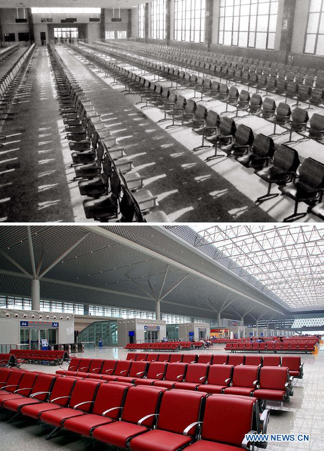 This combined photo taken in Zhengzhou, central China's Henan Province, shows a waiting room of the Zhengzhou Railway Station pictured in Oct. 1993 (top) and the waiting room in the newly-built Zhengzhou East Railway Station pictured on Sept. 22, 2012.  (Xinhua/Wang Song)