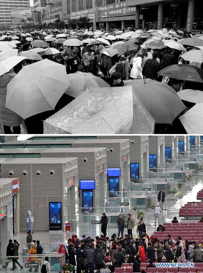 This combined photo taken in Zhengzhou, central China's Henan Province, shows passengers cramming outside the Zhengzhou Railway Station on March 2, 2007 (top) and a modern waiting room in the newly-built Zhengzhou East Railway Station on Dec. 31, 2012. (Xinhua/Wang Song)