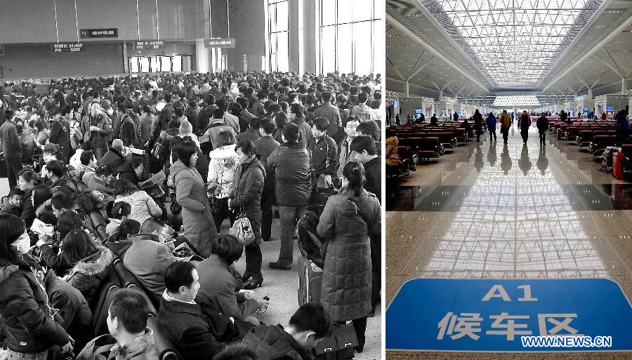 This combined photo taken in Zhengzhou, central China's Henan Province, shows passengers cramming in a waiting room of the Zhengzhou Railway Station on Nov. 27, 2009 (top) and a modern waiting room in the newly-built Zhengzhou East Railway Station pictured on Dec. 26, 2012.  (Xinhua/Wang Song)