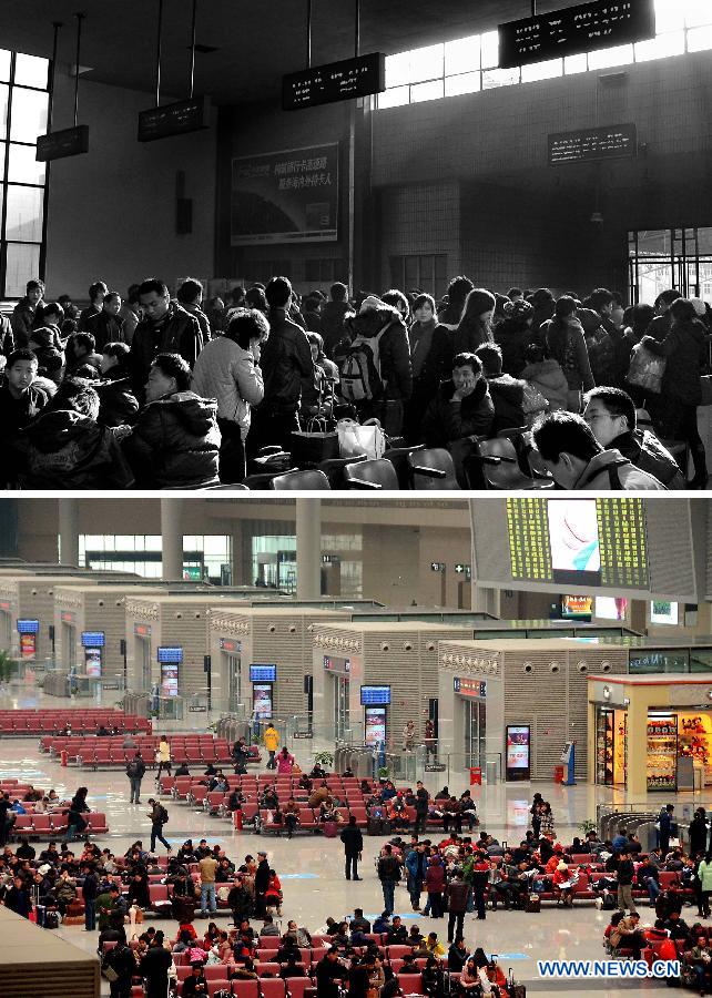 This combined photo taken in Zhengzhou, central China's Henan Province, shows passengers cramming in a waiting room of the Zhengzhou Railway Station on Jan. 30, 2005 (top) and a modern waiting room in the newly-built Zhengzhou East Railway Station pictured on Dec. 26, 2012. (Xinhua/Wang Song)