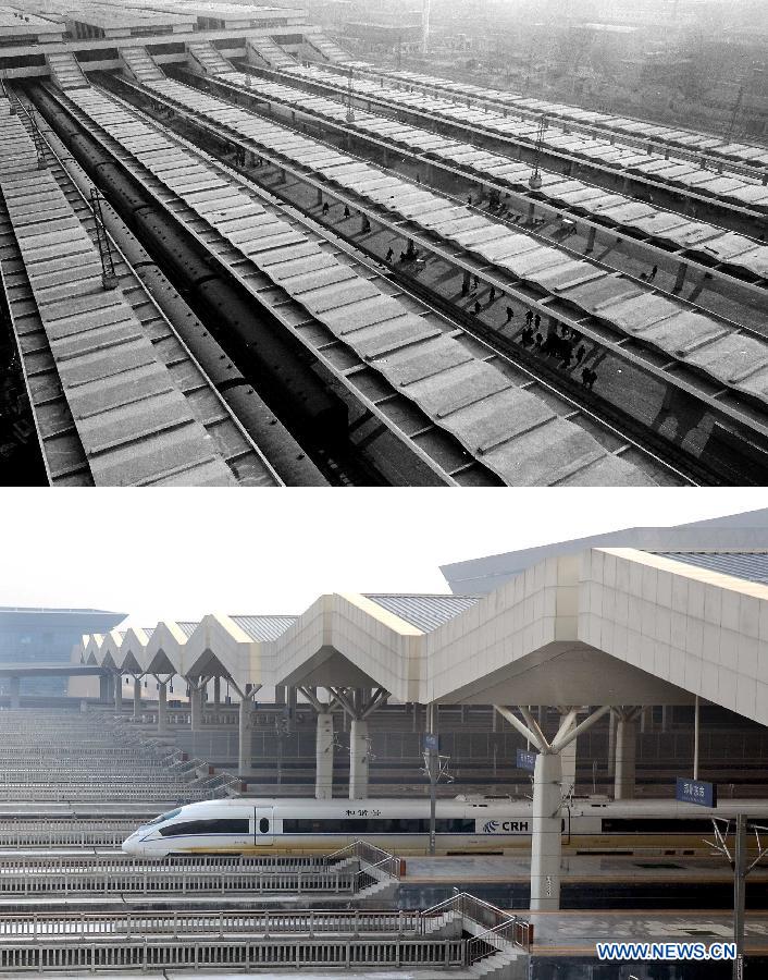 This combined photo taken in Zhengzhou, central China's Henan Province, shows the platforms in the Zhengzhou Railway Station in Sept. 1992 (top) and in the newly-built Zhengzhou East Railway Station on Dec. 26, 2012. (Xinhua/Wang Song)