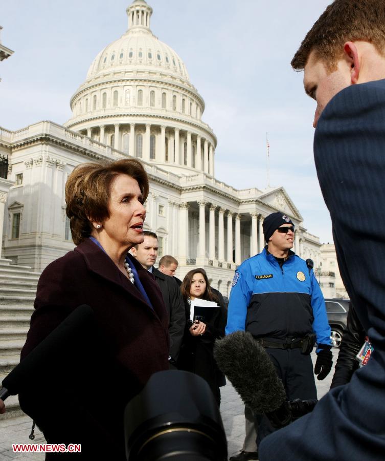 US House Democratic Leader Nancy Pelosi (L) speaks to media on Capitol Hill in Washington, the United States, on January 3, 2012 to highlight the historic diversity of the House Democratic Caucus in the 113th Congress and celebrate the increased number of women joining the Democratic Caucus. (Xinhua/Fang Zhe) 