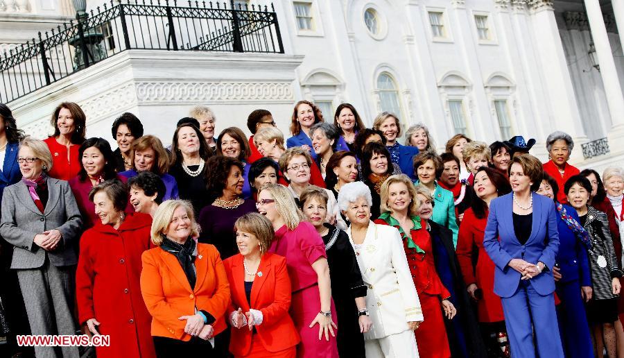 Women Members of the Democratic Caucus prepare for a group photo on Capitol Hill in Washington, the United States, on January 3, 2012 to highlight the historic diversity of the House Democratic Caucus in the 113th Congress and celebrate the increased number of women joining the Democratic Caucus. (Xinhua/Fang Zhe) 