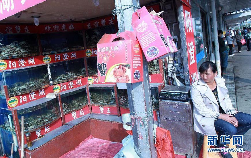 Hairy crabs waiting to be soldA hairy crab vendor, sitting in front of her store, waits for customers on Oct. 24, 2012. It is said that Tongchuan Road Marine Product Centre, the largest hairy crab wholesale market in Shanghai, sold less than one million tons of crabs every day. (Xinhua/ Pei Xin)