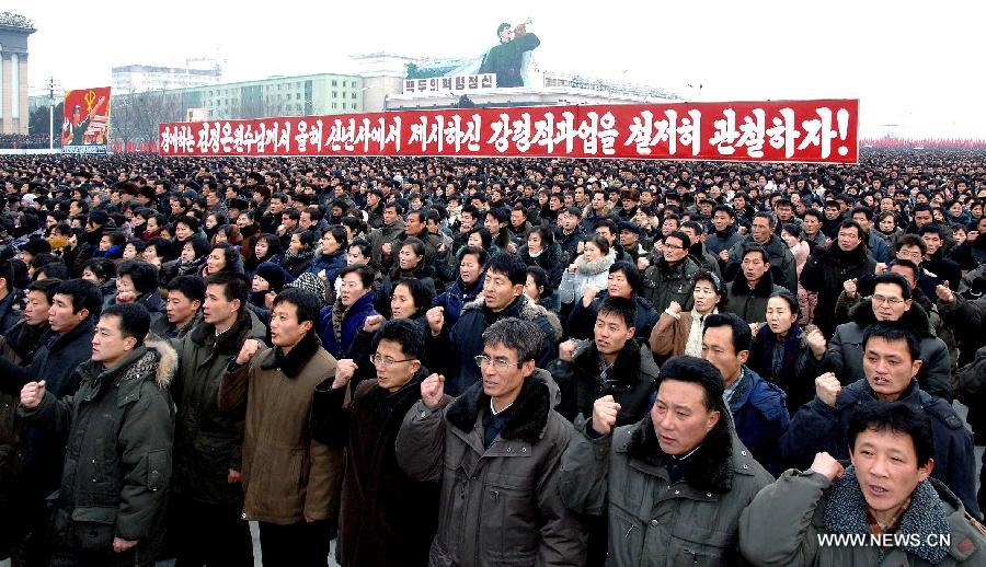 This photo provided by KCNA on Jan. 5, 2013, shows citizens of Pyongyang vowing to implement what top leader Kim Jong Un has urged in his New Year address in Pyongyang, the Democratic People's Republic of Korea (DPRK). Kim Jong Un urged his people to build the country into an economic giant in his New Year address on Tuesday. (Xinhua/KCNA) 