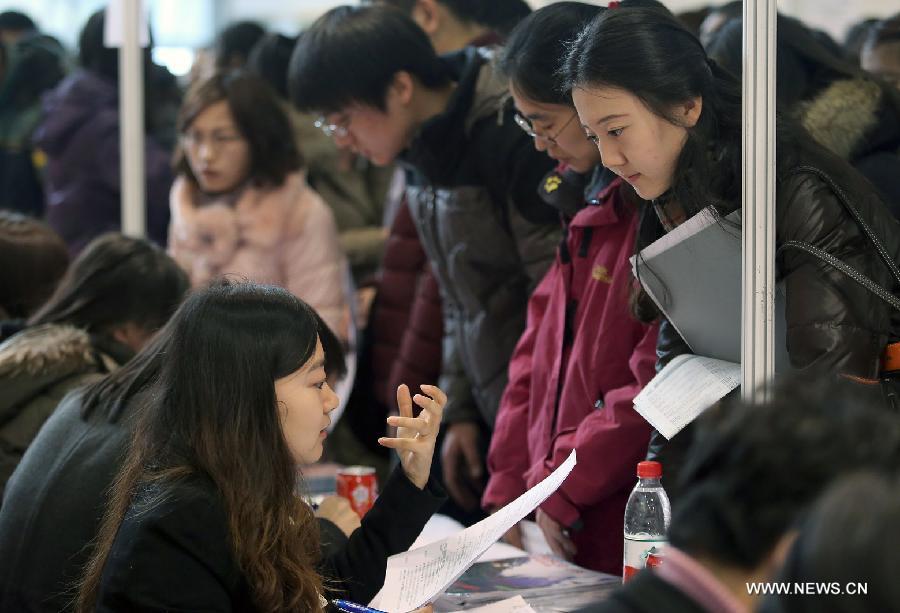 Job seekers talk with employers at a job fair held at China International Exhibition Center in Beijing, China, Jan. 6, 2013. The job fair, held for postgraduates, provided 18,000 job vacancies and was expected to attract 40,000 job seekers. (Xinhua/Wan Xiang) 