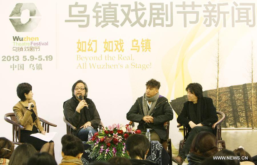 Director Lai Shengchuan (2nd L), director Meng Jinghui(1st R) and actor Huang Lei (2nd R) attend a press conference of the first Wuzhen Theatre Festival in Beijing, capital of China, Jan. 6, 2013. The 11-day drama festival, initiated by director Lai Shengchuan, director Meng Jinghui and actor Huang Lei, will open in Wuzhen ancient town of Zhejiang Province on May. 9 this year. (Xinhua/Li Fangyu)