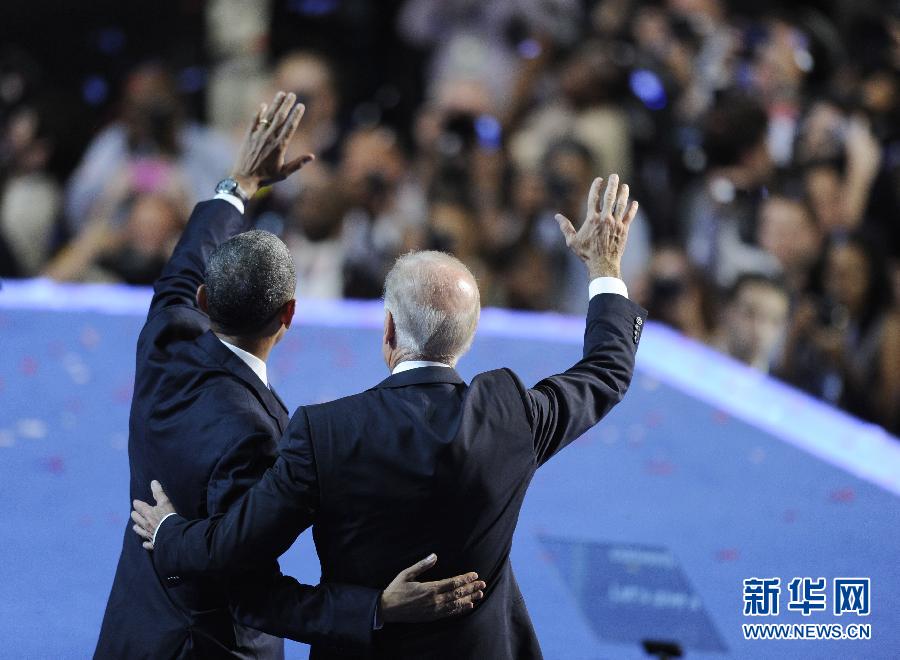 U.S. President Barack Obama (L) and Vice President Joe Biden celebrate at the Democratic National Convention in Charlotte Sept. 6, 2012, on which U.S. President Barack Obama formally accepted the Democratic Party's presidential nomination. (XinhuaZhang Jun) 