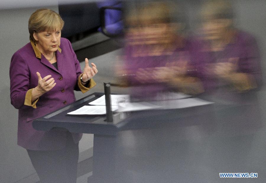 German Chancellor Angela Merkel delivers a speech on the parliamentary vote on financial aid for Greece at the Bundestag (lower house) in Berlin, capital of Germany, Feb. 27, 2012. (Xinhua/Ma Ning) 