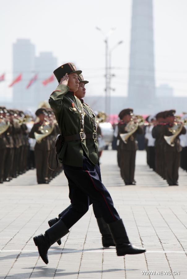 Soldiers march during the military parade marking the 100th anniversary of the birth of founding leader Kim Il Sung in Pyongyang, capital of the Democratic People's Republic of Korea (DPRK), April 15, 2012. (Xinhua/Zhang Li) 