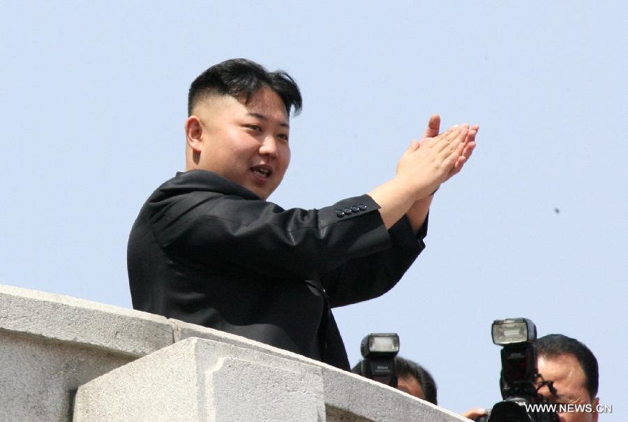 Kim Jong Un, leader of the Democratic People's Republic of Korea (DPRK), inspects the military parade marking the 100th anniversary of the birth of founding leader Kim Il Sung in Pyongyang, the DPRK, April 15, 2012. (Xinhua/Zhang Li) 