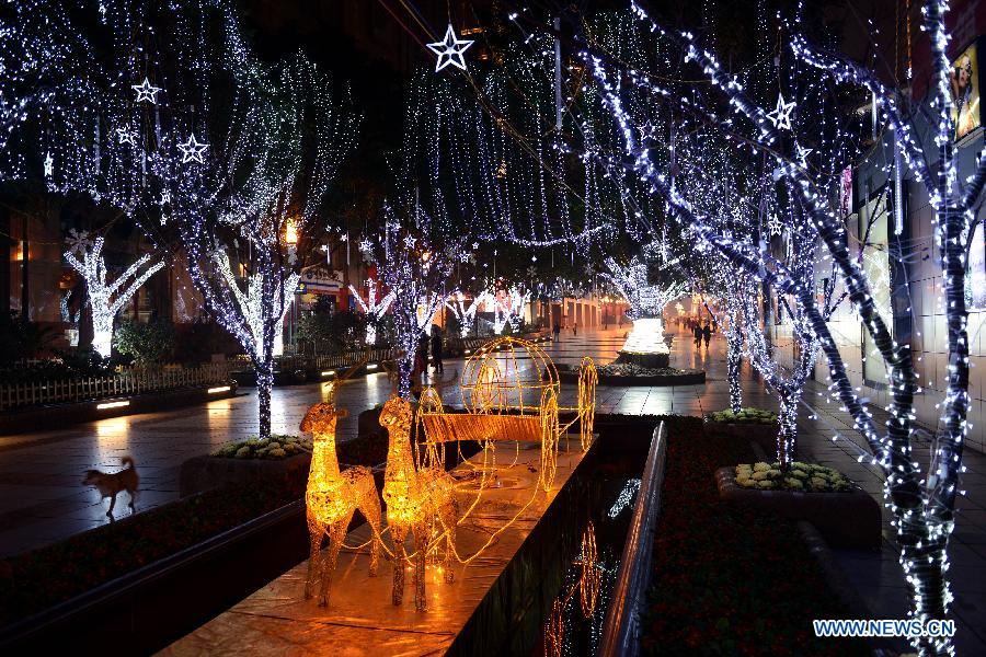 Photo taken on Jan. 7, 2013 shows the night scene on a street in southwest China's Chongqing. Many roads and squares in the city were decorated with lights to greet the Spring Festival which falls on Feb. 10 this year. (Xinhua/Zhong Guilin)