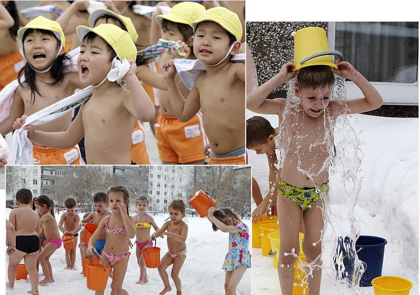 The photo shows children from different countries taking cold shower in snow without shirts. (Photo/Xinhua)
