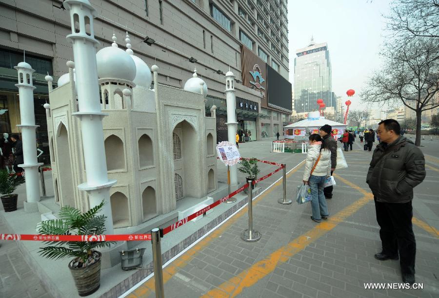 A miniature monument of Taj Mahal is seen on a street in Xi'an, capital of northwest China's Shaanxi Province, Jan. 10, 2013. A collection of miniatures of 10 world cultural heritages are on show here. (Xinhua/Li Yibo)