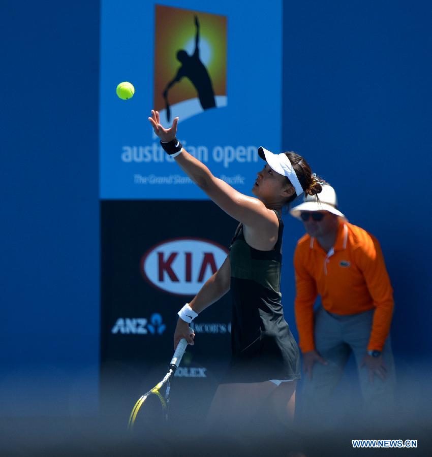 Zhou Yimiao of China serves during the first round of the women's qualifying singles match against Czech Republic's Eva Birnerova at the 2013 Australian Open tennis tournament in Melbourn, Australia, on Jan. 10, 2013. Zhou won 2-0. (Xinhua/Chen Xiaowei) 