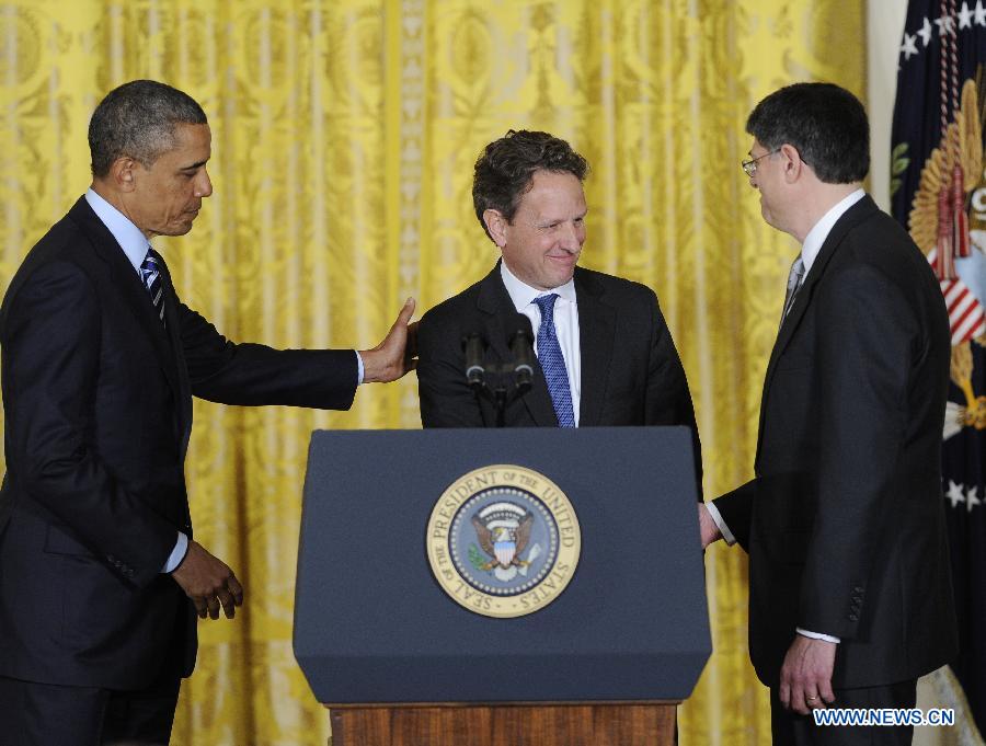 U.S. President Barack Obama (L), Treasury Secretary Timothy Geithner (C) and White House Chief of Staff Jacob Lew attend a nomination ceremony in the East Room of the White House in Washington D.C., capital of the United States, Jan. 10, 2013. U.S. President Barack Obama on Thursday picked White House Chief of Staff Jacob Lew as the next Treasury Secretary succeeding Timothy Geithner, a big step of shaping his economic team. (Xinhua/Zhang Jun) 