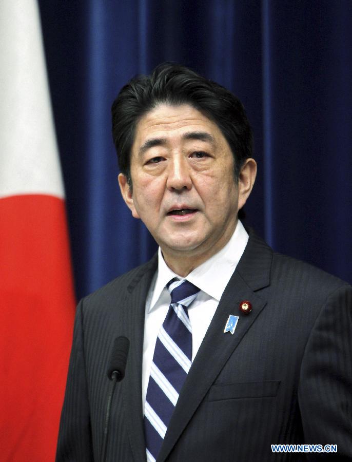 Japanese Prime Minister Shinzo Abe attends a press conference in Tokyo, Japan, Jan. 11, 2013. The Japanese cabinet on Friday approved a stimulus package worth 20 trillion yen (about 224 billion U.S. dollars), aiming to shore up Japan's current stagnant economy by beating chronic deflation and tackling the strong yen, Prime Minister Shinzo Abe told a press conference. (Photo/Xinhua)