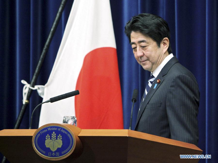 Japanese Prime Minister Shinzo Abe attends a press conference in Tokyo, Japan, Jan. 11, 2013. The Japanese cabinet on Friday approved a stimulus package worth 20 trillion yen (about 224 billion U.S. dollars), aiming to shore up Japan's current stagnant economy by beating chronic deflation and tackling the strong yen, Prime Minister Shinzo Abe told a press conference. (Photo/Xinhua)