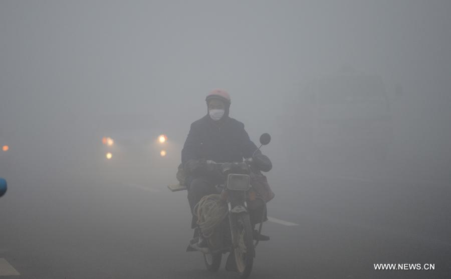 A citizen rides amid dense fog in Nanchang City, capital of east China's Jiangxi Province, Jan. 12, 2013. A fog hit many parts of Jiangxi on Saturday. (Xinhua/Zhou Ke)