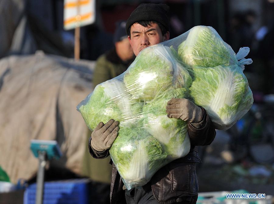 A wholesaler carries cabbages at a market in Taiyuan, capital of north China's Shanxi Province, Jan. 11, 2013. Vegetable prices jumped 14.8 percent year on year in December as cold weather disrupted supplies, pushing the consumer price index (CPI), a main gauge of inflation, up 0.41 percentage points. (Xinhua/Zhan Yan)