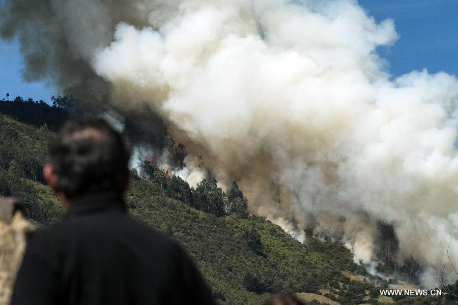 A man watches a fire in Cota, on the outskirts of Bogota, Colombia, on Jan. 11, 2013. According to local press, four acres have been consumed by the fire, and about 30 families were evacuated. (Xinhua/Jhon Paz)