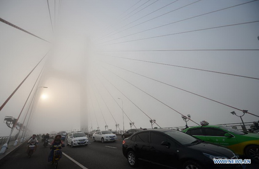 Motorcars run on the Bayi Bridge amid heavy fog in Nanchang, capital of east China's Jiangxi Province, Jan. 14, 2013. Nanchang's air has been heavily polluted for five days in a row, according to local meteorological authorities. (Xinhua/Zhou Ke)