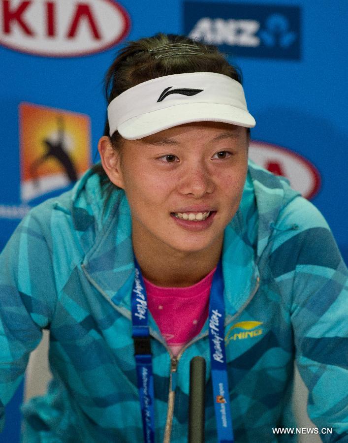 Zhang Yuxuan of China attends a press conference after the match against Zheng Jie of China during the 1st round women's singles on the first day of 2013 Australian Open tennis tournament in Melbourne, Australia, Jan. 14, 2013. Zheng Jie won 2-1. (Xinhua/Bai Xue) 
