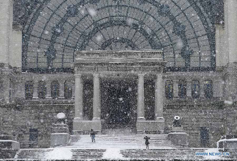 Two men visit at a park under heavy snow in Brussels, capital of Belgium on Jan. 15, 2013. (Xinhua/Wu Wei) 