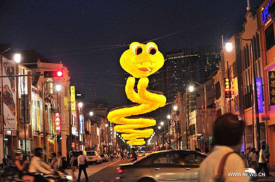 Picture taken on Jan. 15, 2013 shows a 300-meter-long snake-like lantern in South Bridge Road in Singapore. The New Year lanterns lit up first time for preview on Tuesday. (Xinhua/Then Chih Wey)  
