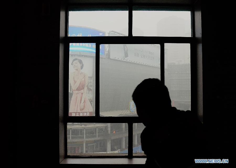 A visitor looks out of a window from the "Feb. 7 Memorial Tower" in Zhengzhou, capital of central China's Henan Province, Jan. 16, 2013. Affected by a cold front, the haze which has lingered in most parts of Henan for the past two weeks will begin to disperse on Jan. 17, according to the meteorological authority. (Xinhua/Wang Song)