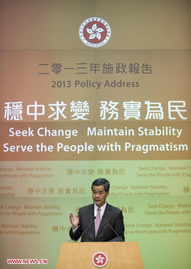 Hong Kong Chief Executive Leung Chun-Ying speaks to Journalist at a press conference after he delivered his 2013 Policy Address in Hong Kong, south China, Jan. 16, 2013. Leung delivered his first policy address on Wednesday morning at the Legislative Council here, outlining the city government's policy direction in 2013. (Xinhua/Lui Siu Wai)