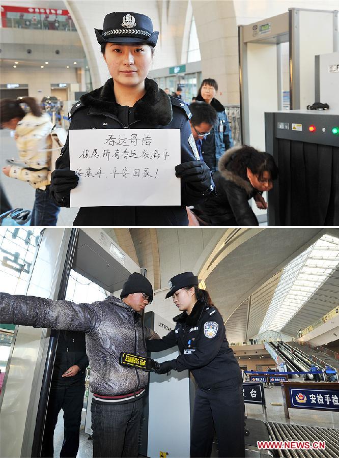 Combination photo taken on Jan. 16, 2013 shows policewoman Zhang Xia performs security checks at Yinchuan Railway Station in Yinchuan, capital of northwest China's Ningxia Hui Autonomous Region in the lower photo and expresses her wish on a piece of paper that all passengers could enjoy a safe journey in the upper photo. In the second picture, Zhang Jan. 16, 2013. With the approach of the Spring Festival, the most important family union festival in China, railway staff members have fully prepared to receive the upcoming travel season. (Xinhua/Peng Zhaozhi) 