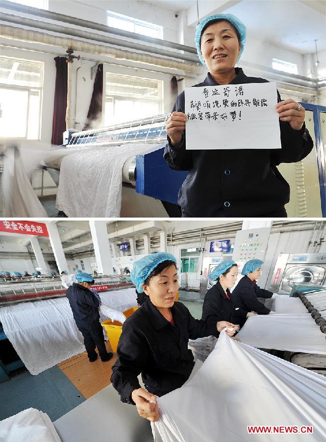 Combination photo taken on Jan. 16, 2013 shows laundrywoman Zhu Dongfeng and her colleagues iron sheets at a laundry workshop at Yinchuan Railway Station in Yinchuan, capital of northwest China's Ningxia Hui Autonomous Region in the lower photo and she expresses her wish on a piece of paper that her work could bring sweet dreams to passengers in the upper photo. With the approach of the Spring Festival, the most important family union festival in China, railway staff members have fully prepared to receive the upcoming travel season. (Xinhua/Peng Zhaozhi) 