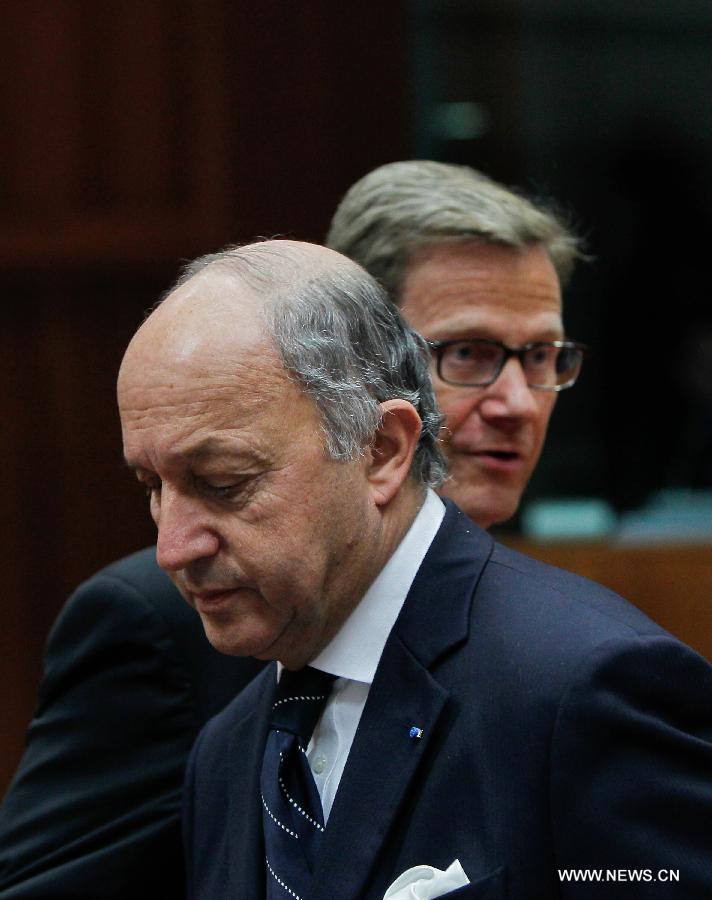 French Foreign Minister Laurent Fabius (front) and German Foreign Minister Guido Westerwelle attend an European Union emergency foreign ministers' meeting to discuss the situation in Mali, in Brussels, capital of Belgium, on Jan. 17, 2013. (Xinhua/Zhou Lei) 