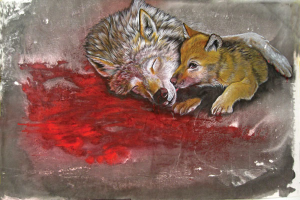 A painting by Li Weiyi shows a slaughtered wolf with her cub by her side. (China Daily)