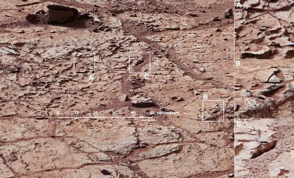 This view shows the patch of veined, flat-lying rock selected as the first drilling site for NASA's Mars rover Curiosity. (Photo/NASA)