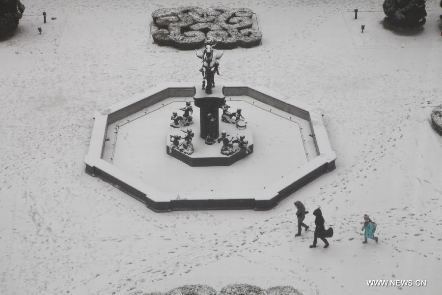 Citizens walk on a snowy road in Beijing, capital of China, Jan. 20, 2013. Snowfall here relieves the air pollution but affects the local traffic in the city. (Xinhua/Jin Liwang)  